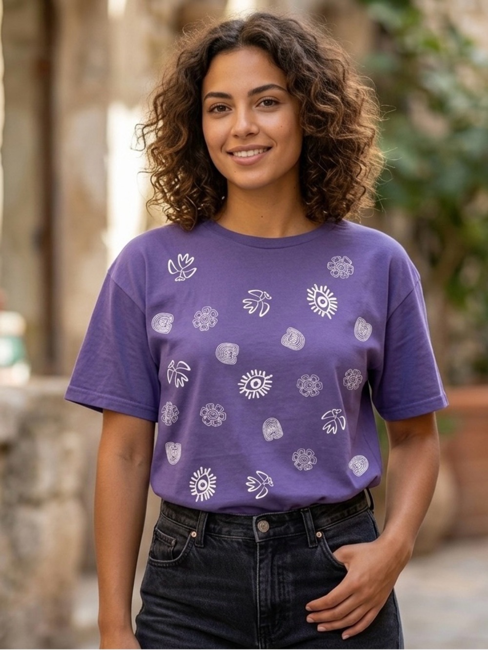 Purple Graphic Short-Sleeve Women's Blouse